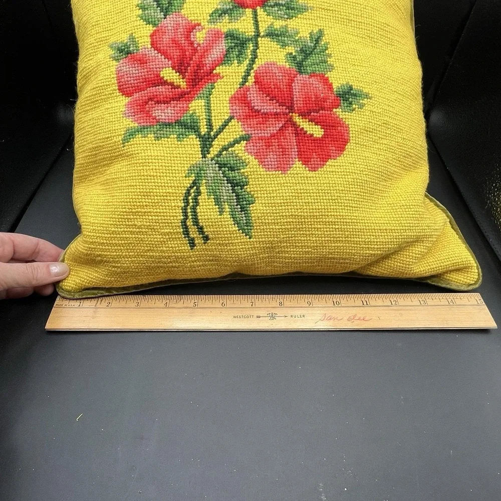 VTG Floral Tapestry Pillow Yellow w/ Bright flowers Needlepoint 15x15 Velvet Bck